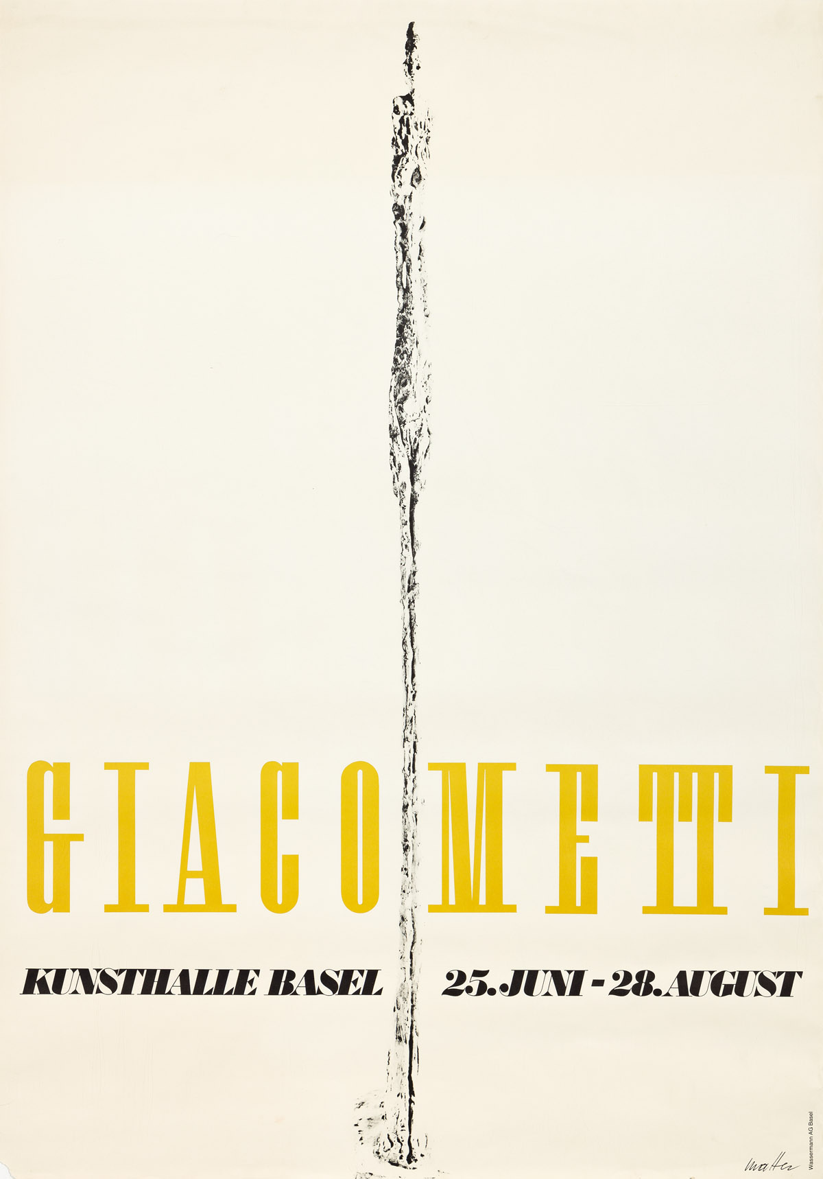 HERBERT MATTER (1907-1984).  GIACOMETTI / KUNSTHALLE BASEL. 1966. 50x35½ inches, 127x90¼ cm. Wassermann, Basel.